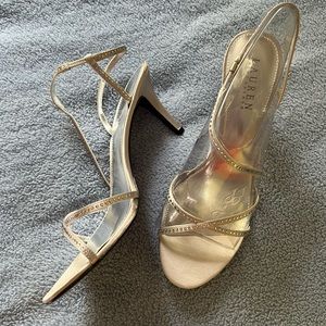 Lauren Ralph Lauren dress sandals, med. heel, size 8.5, gold leather w/ crystals